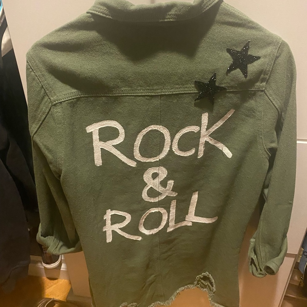 Army green button up, rock & roll on back with metallic stars